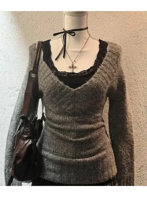 Fashion Vintage V-neck Knitted Tops Women 2025 - Image 2