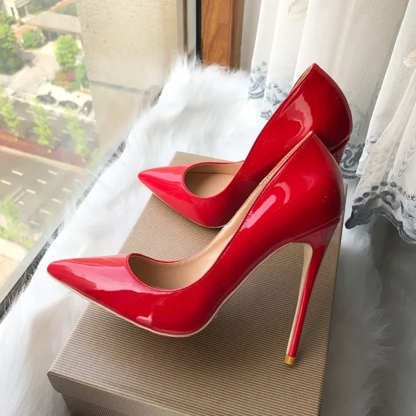 Glossy Red Women Pointy Toe High Heel Shoes - Image 6