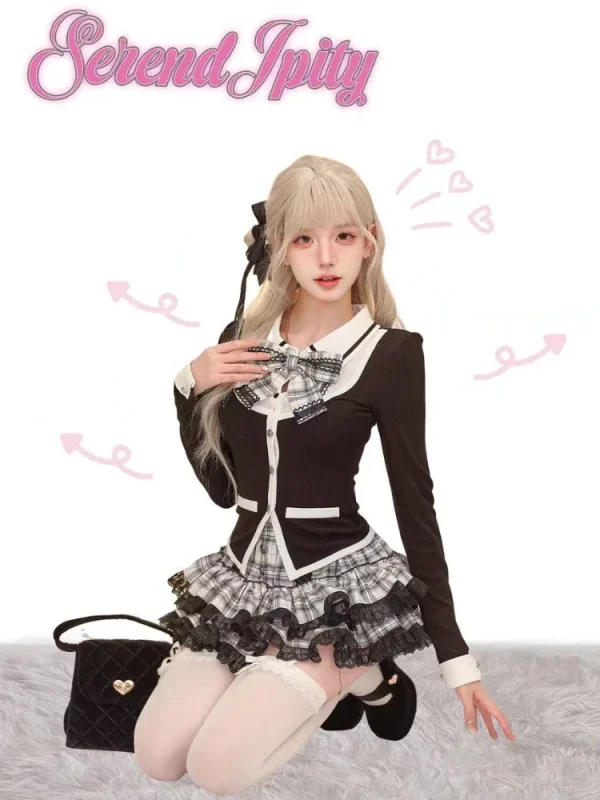 Cardigan Coat Ruffles Plaid Mini Skirt Female Korean Fashion Lolita Outfits - Image 2