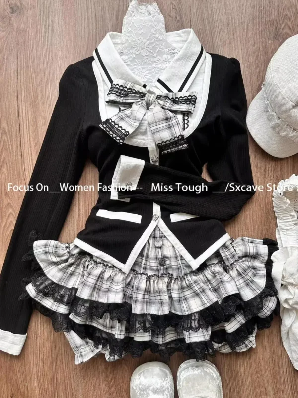 Cardigan Coat Ruffles Plaid Mini Skirt Female Korean Fashion Lolita Outfits - Image 5