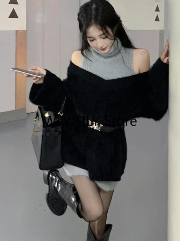 Elegant Knitted Suit Woman Black Sweater Tops Slim - Image 9