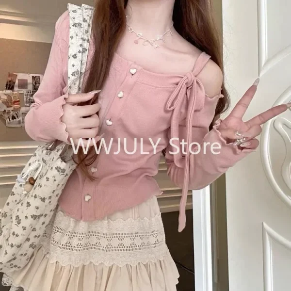 Fashion Sweet Off Shoulder Bow Lace Up Sweaters Slim Fit - Image 5