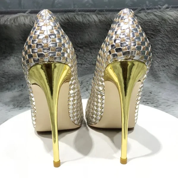 2025 Sexy Plaid Pleated Women Glitter Gold High Heels - Image 2