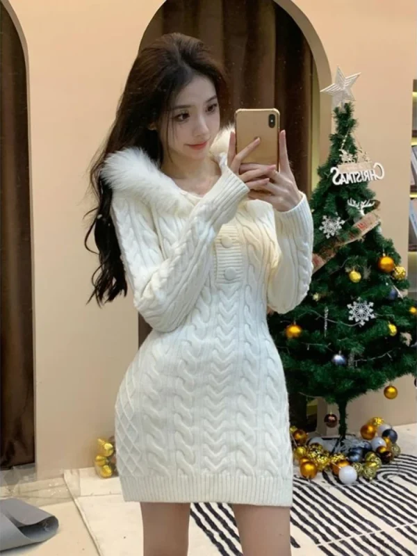 Knitted Sweater Dress Hooded Women Slim Bodycon - Image 2