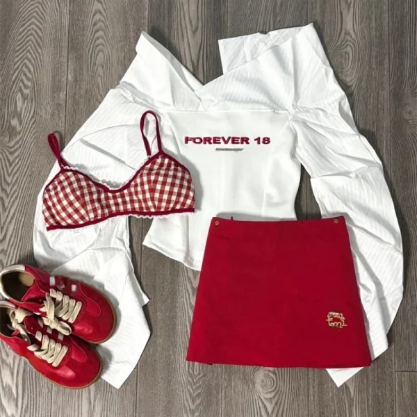 White Print Long Sleeve Tops  Red Y2k Mini Skirt Korean Style - Image 9