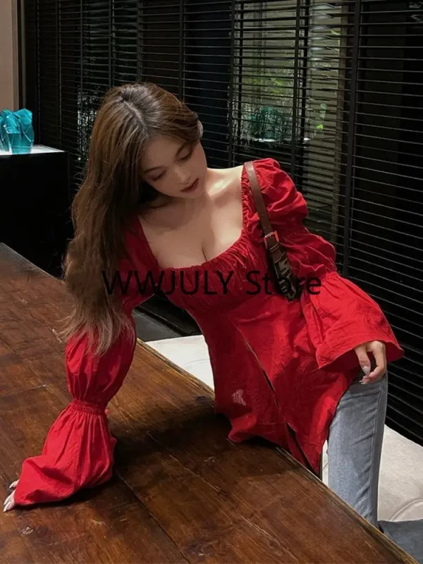 Red Korean Style Sexy Blouse Women Chic Design - Image 5