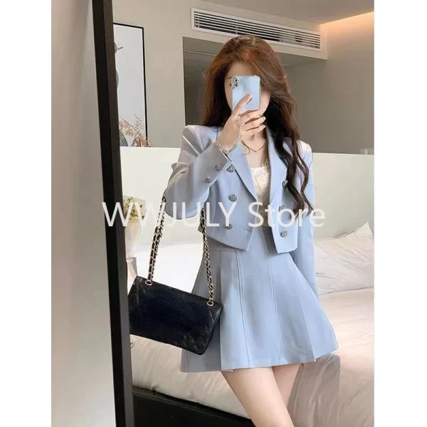 Women's Blue Short Suit Coat Mini Skirts Outfits Korean Fashion Blazers - Image 3