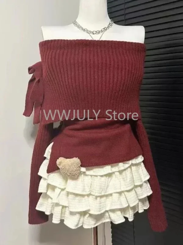 Woman Off Shoulder Bow Knitted Tops - Image 6