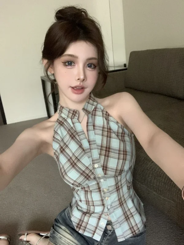 Woman Summer Shirt Sleeveless Plaid Lapel Summer Pleated Slim Fit - Image 2