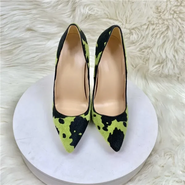 Hairy Fabric Women Green Cow Pattern Pointy Toe High Heel Shoes - Image 5