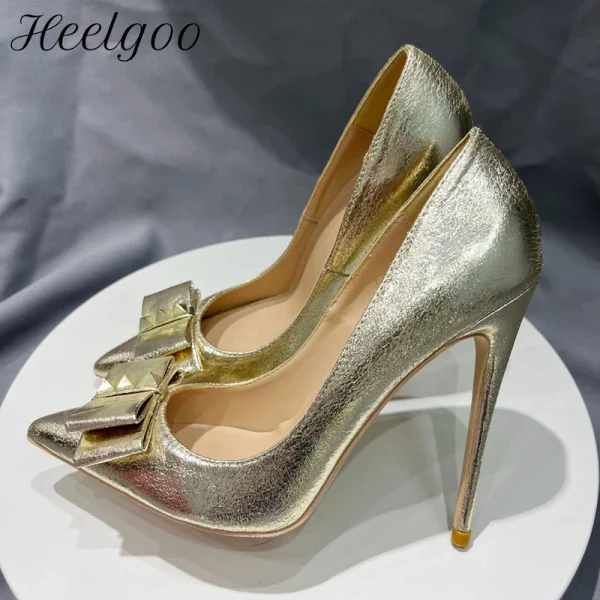 Gold Bow Women Pointy Toe High Heel Shoes Ladies Soft Leather - Image 2