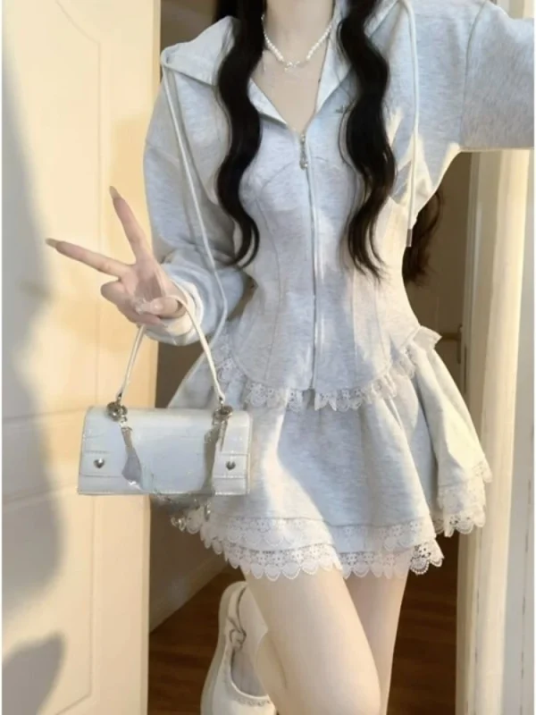 Korean Fashion Clothing Grey Lace 2 Piece Set Woman Casual Hooded