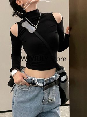 Vintage Solid Turtleneck T Shirts Women Gothic Sexy Slim Crop Tops