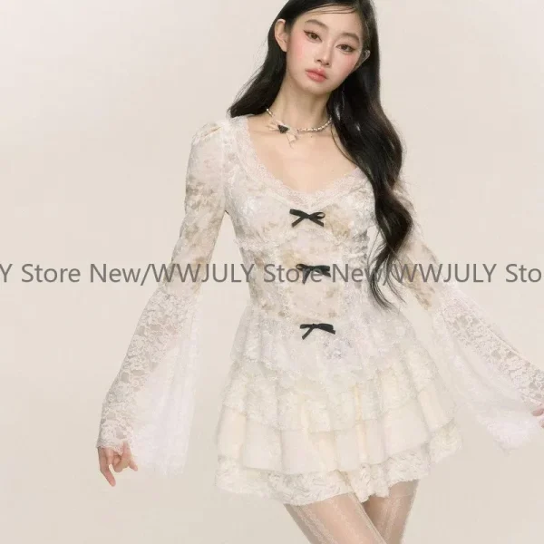 Winter Lace Long-sleeved Tops High Waist A-line Mini Skirt Two-piece Set Female - Image 5