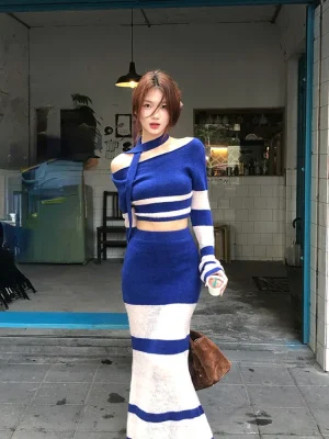 Blue Knitted Sets Women Korean Fashion Striped Suit Casual