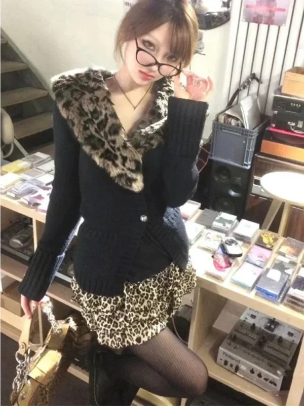 Leopard Cardigan Women  V-neck  Japanese - Image 2