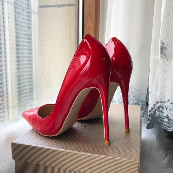 Glossy Red Women Pointy Toe High Heel Shoes - Image 4