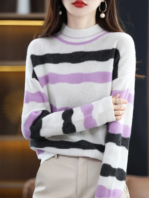 Cashmere sweater female O-neck striped pure wool pullover - Image 2