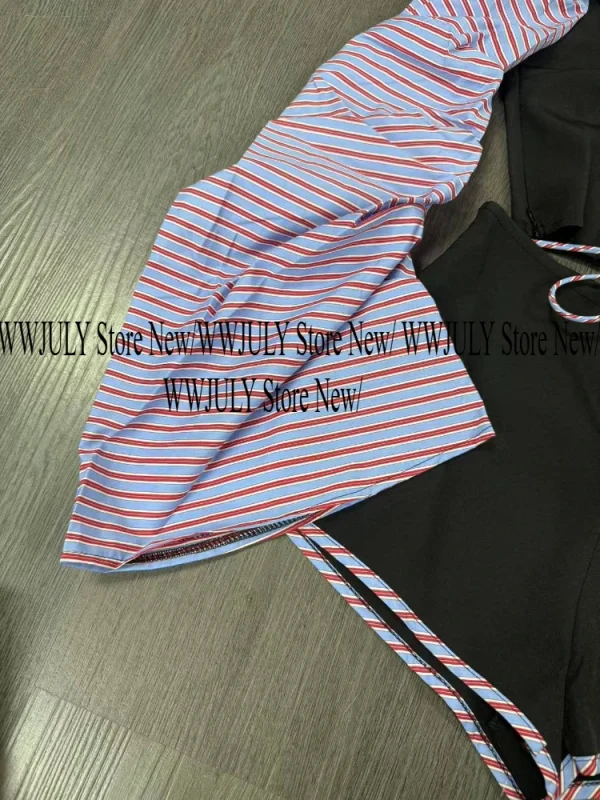 Kpop Outfits 2 Piece Set Long Sleeve Striped Patchwork Shirt - Image 4