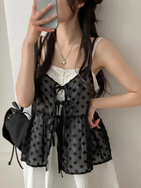 Summer Korean Style Overlap Tank Top Women Bow Lace Up