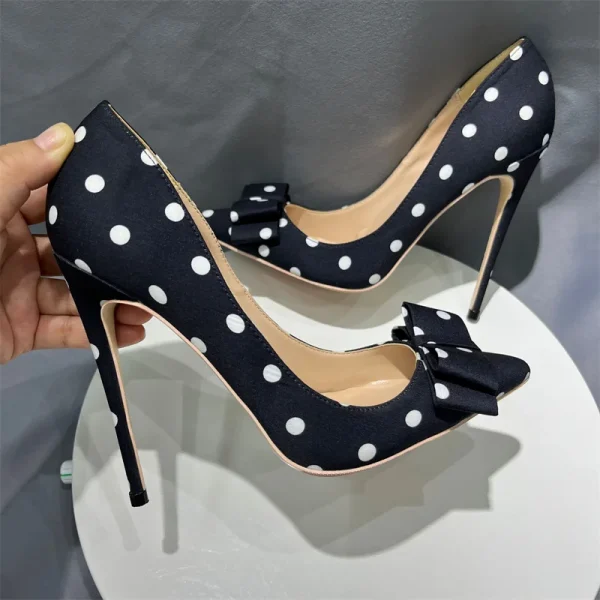 Polka Dot Bow Women Black Satin Sexy Pointy Toe High Heel Shoes - Image 8