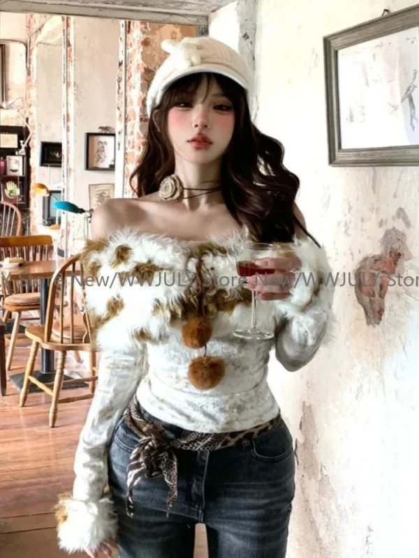 Vintage Fur Patchwork Off Shoulder T-shirt for Women - Image 5