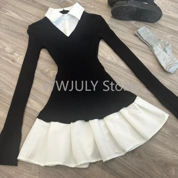 Fashion Women's Fake Two Piece Shirt Spliced Knitted Dress - Image 9