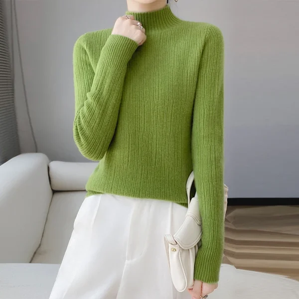 Wool women's semi-high neck slim sweater solid color casual knit - Image 5