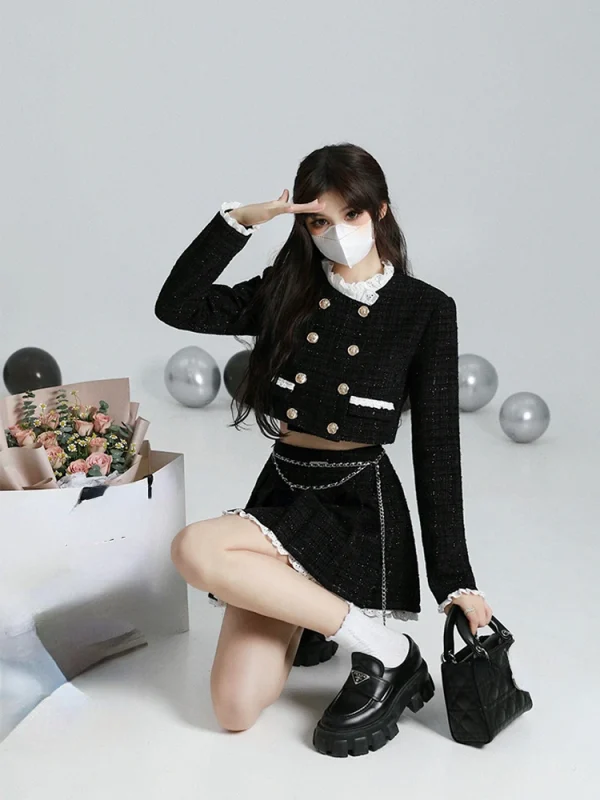 Vintage Suit Korean Fashion 2 Piece Dress Set Black  Mini Skirt - Image 5