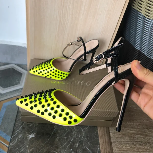 Lemon Green Women Sexy Spikes Pointy Toe Sling back High Heels - Image 6