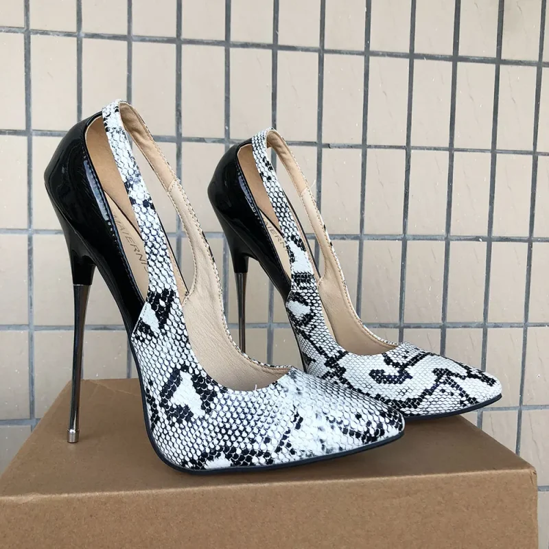 Patchwork White Snakeskin Women Sexy 16cm Super High Metal Heel Shoes - Image 6