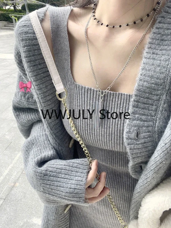 Knitted 2 Piece Dress Set Women Elegant Sweater Cardigan - Image 3