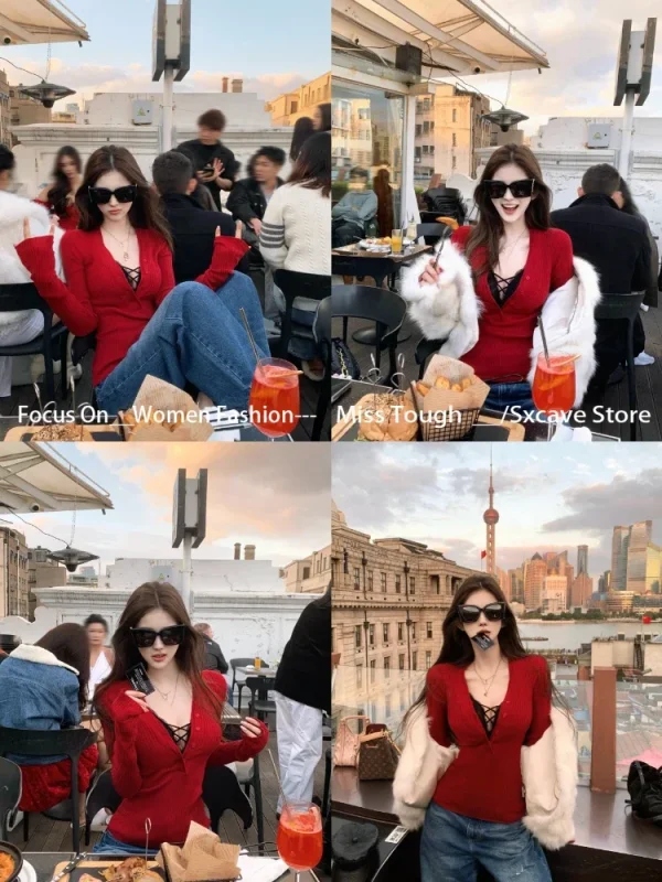 Sexy Dark V-Neck Long Sleeve Knitted Sweater Women Thin Bodycon Slim Tops - Image 6