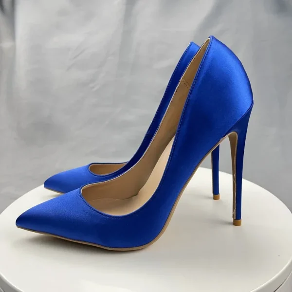 Women Blue Silk Satin Sexy Pointy Toe High Heels Pumps - Image 6