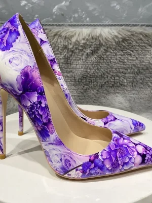 Purple Flower Painting Print Women Sexy 80 100 120 High Heel Party Shoes