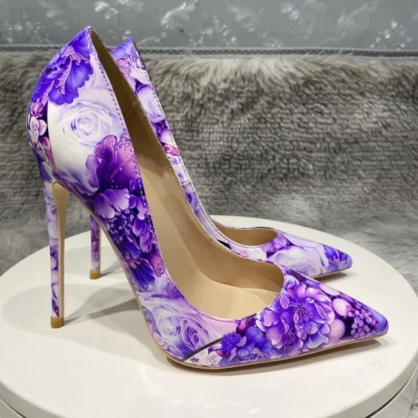 Purple Flower Painting Print Women Sexy 80 100 120 High Heel Party Shoes