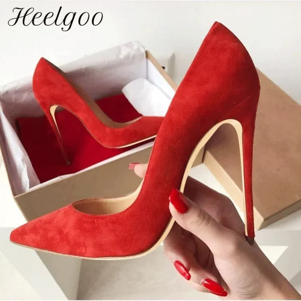 12cm Women Sexy Red inside Black Flock Pointy Toe High Heels - Image 2