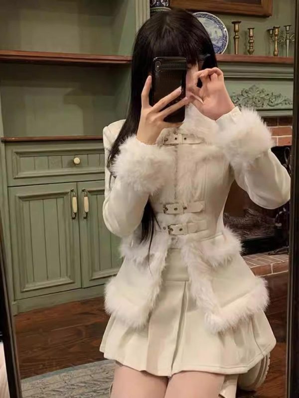 Korean Fashion 2 Piece Skirt Set Woman Warm Fur Casual Coat - Image 8