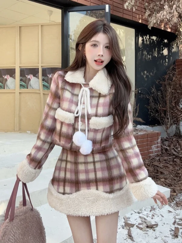 Winter Outwear Plaid Jacket Coat Suit Woman Warm Casual Kawaii Coat - Image 5