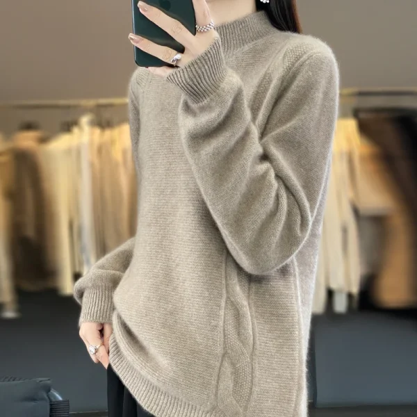 Wool women's sweater pullover semi-high neck thick long sleeve - Image 5