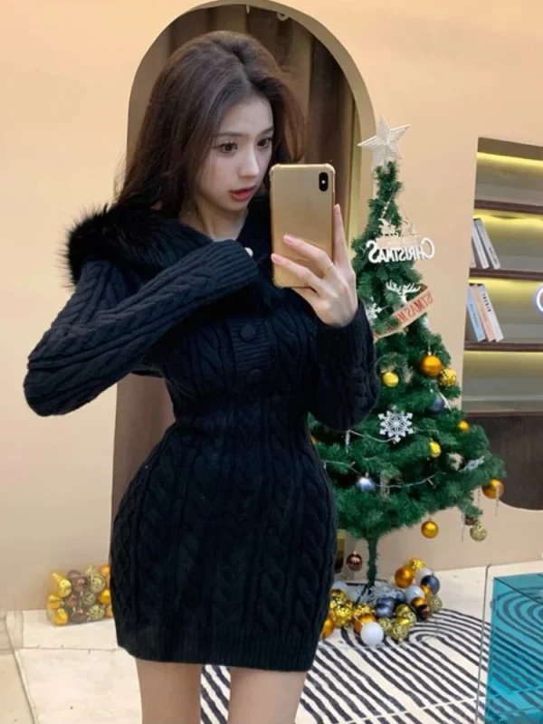 Knitted Sweater Dress Hooded Women Slim Bodycon - Image 3