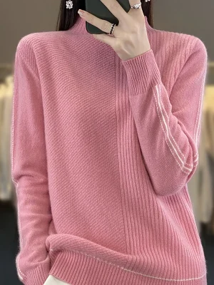 wool ladies semi-turtle neck fashion loose solid color cashmere sweater