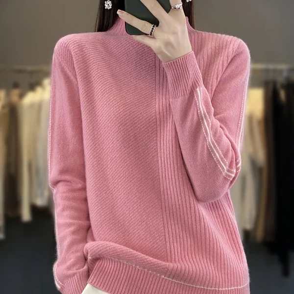 wool ladies semi-turtle neck fashion loose solid color cashmere sweater