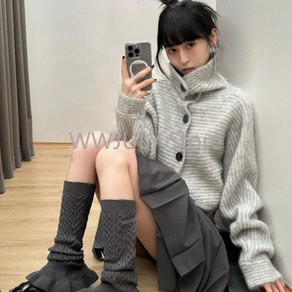 Gray Striped Women Sweater Vintage Turtleneck Korean Fashion - Image 5