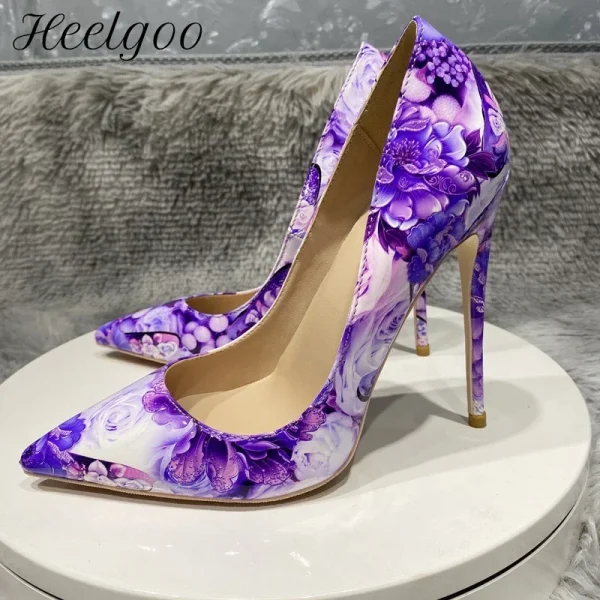 Purple Flower Painting Print Women Sexy 80 100 120 High Heel Party Shoes - Image 2