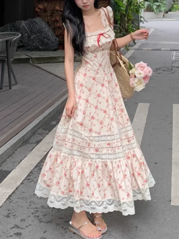 Elegant Floral Midi Dress Beach Style Korean Fashion - Image 7