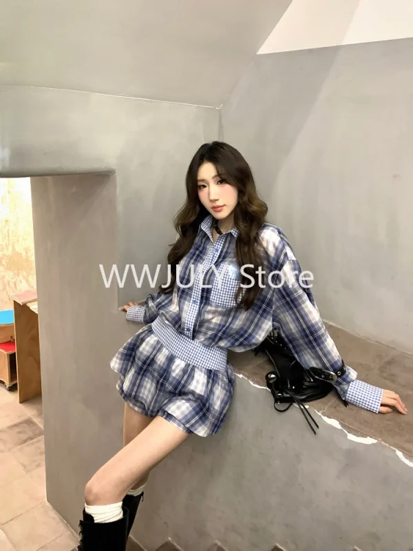 Korean Fashion 2 Piece Set Spicy Girls Casual Striped Long Sleeve Shirt - Image 5