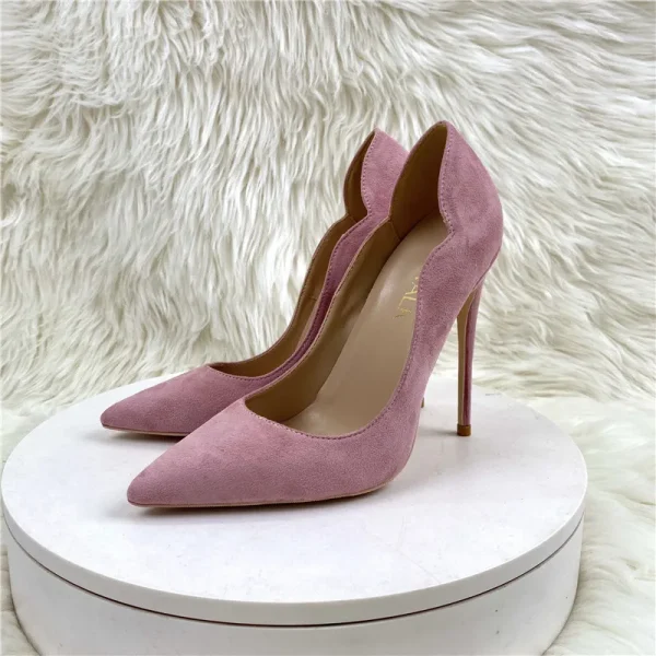 Pink Synthectic Suede Women Curl Cut Pointy Toe High Heel Shoes - Image 3