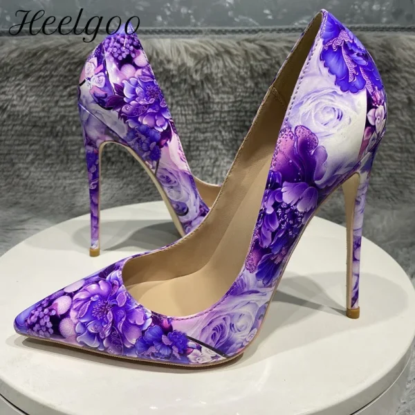 Purple Flower Painting Print Women Sexy 80 100 120 High Heel Party Shoes - Image 4