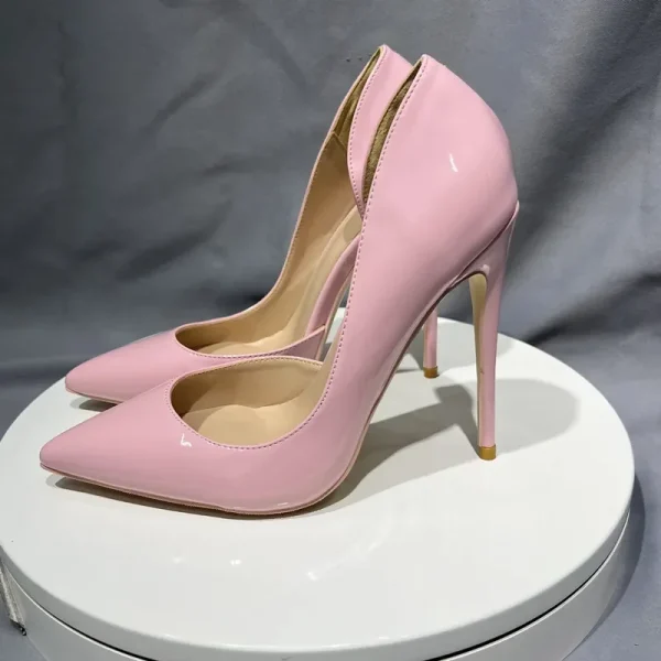 Glossy Pink Women's Sexy Side V Cut Pointy Toe High Heels - Image 5